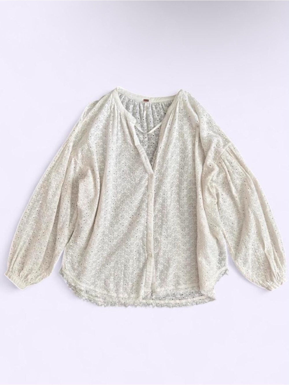 free people ivory cotton eyelet balloon sleeve boho blouse raw hem size m